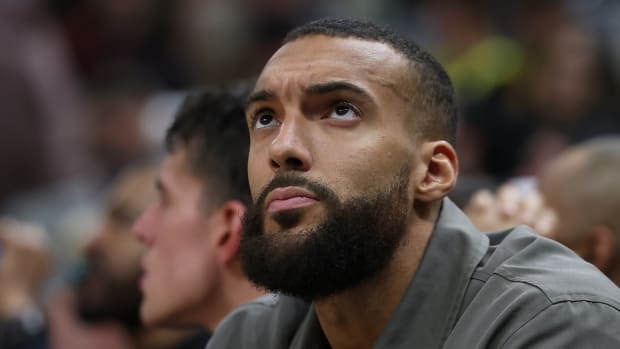 Mar 16, 2024; Salt Lake City, Utah, USA; Minnesota Timberwolves center Rudy Gobert (27) looks on against the Utah Jazz during the fourth quarter at Delta Center.